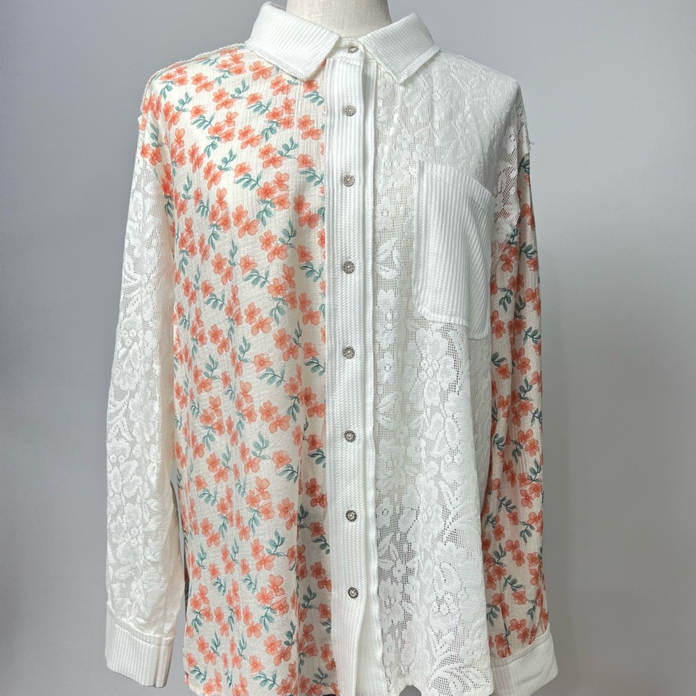 POL Floral Lace Patchwork Button Front Blouse Boh… - image 1